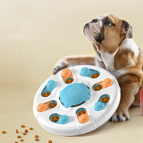 Dog interacting with a puzzle toy on a beige background