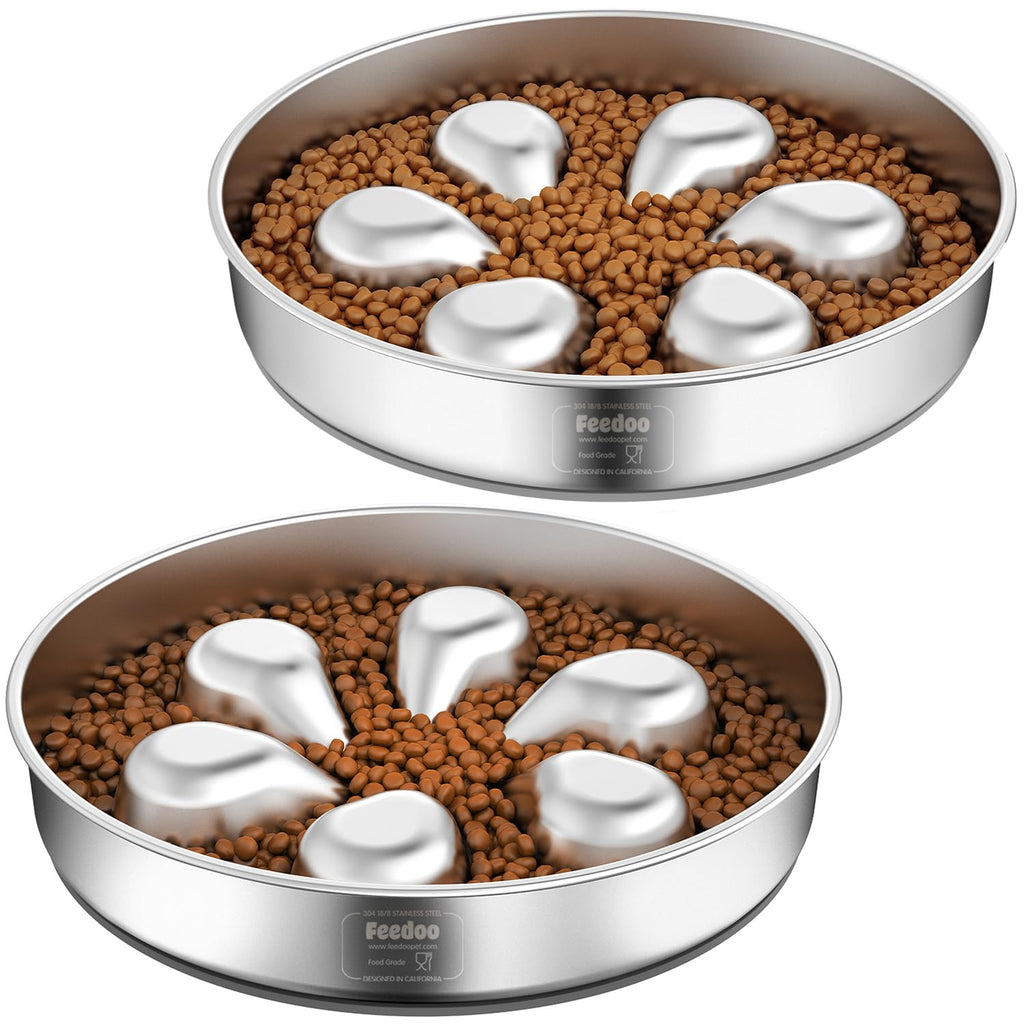 Feedoo Slow Feeder Dog Bowl – Stainless Steel, Non-Slip, Dishwasher Safe (2 Pack)