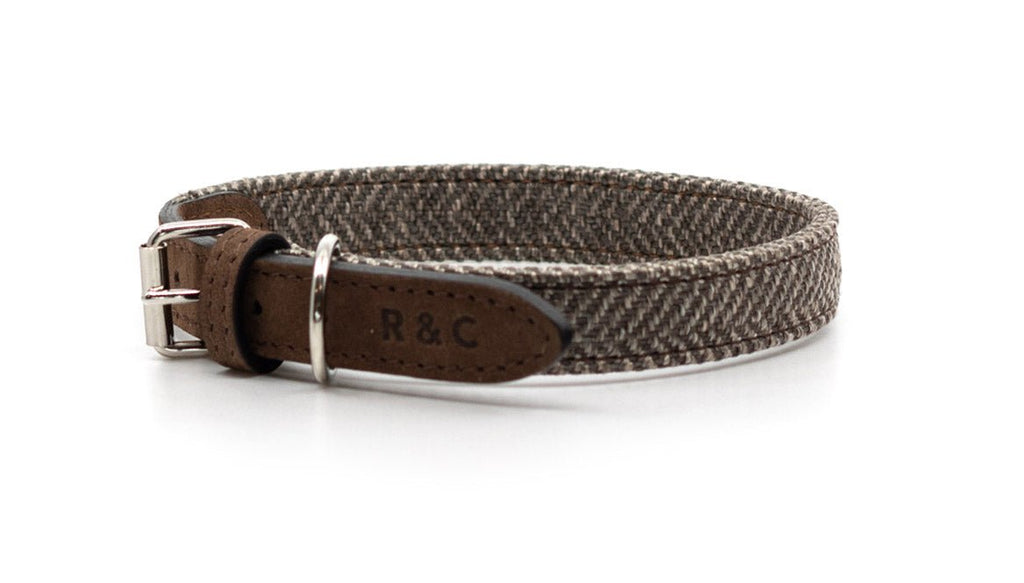 Luxury Herringbone & Leather Dog Collar – Lincoln (Brown Nubuck)
