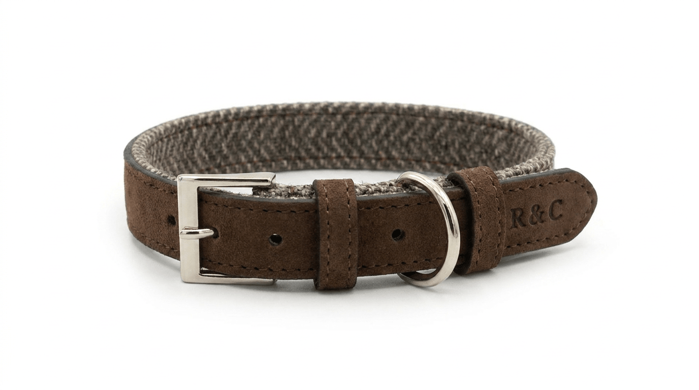 Luxury Herringbone & Leather Dog Collar – Lincoln (Brown Nubuck)