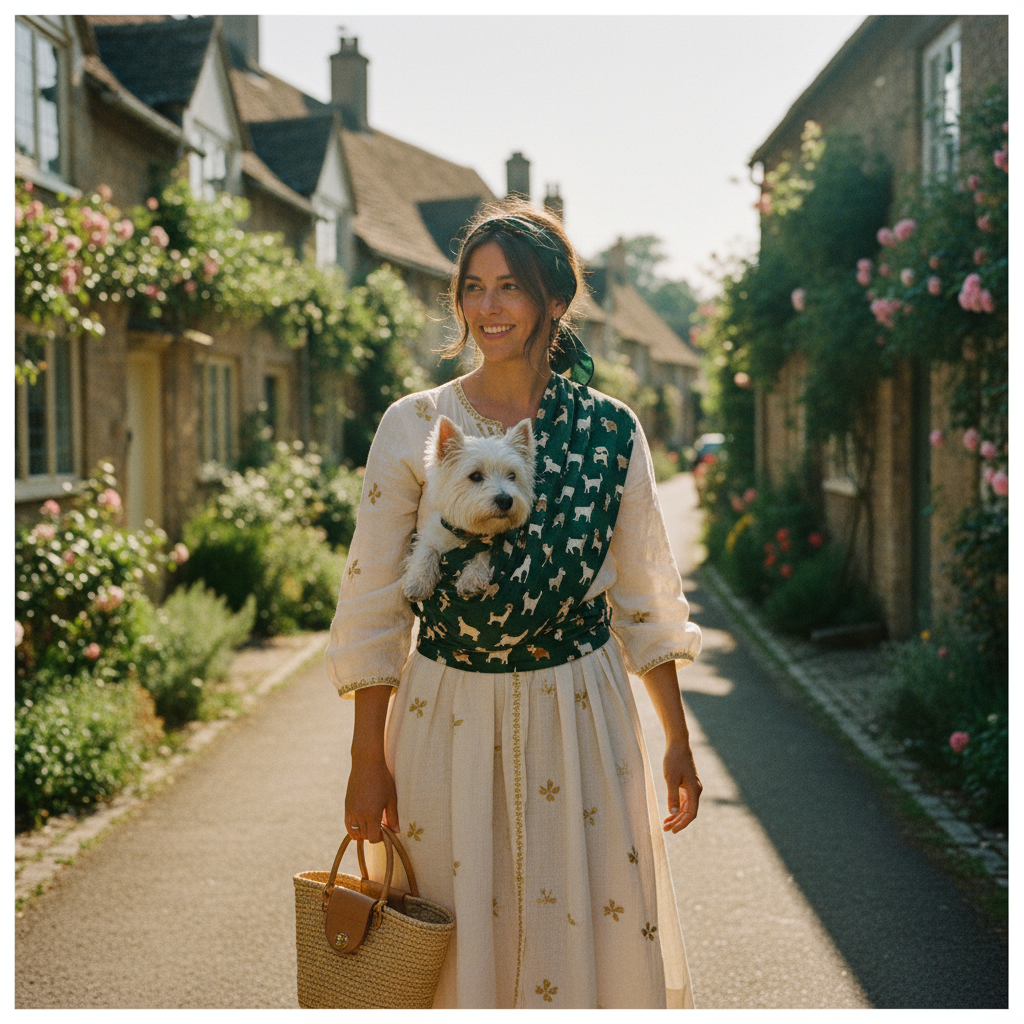 Woman carrying a small dog in the Walter Collection handmade carrier sling through a British countryside village