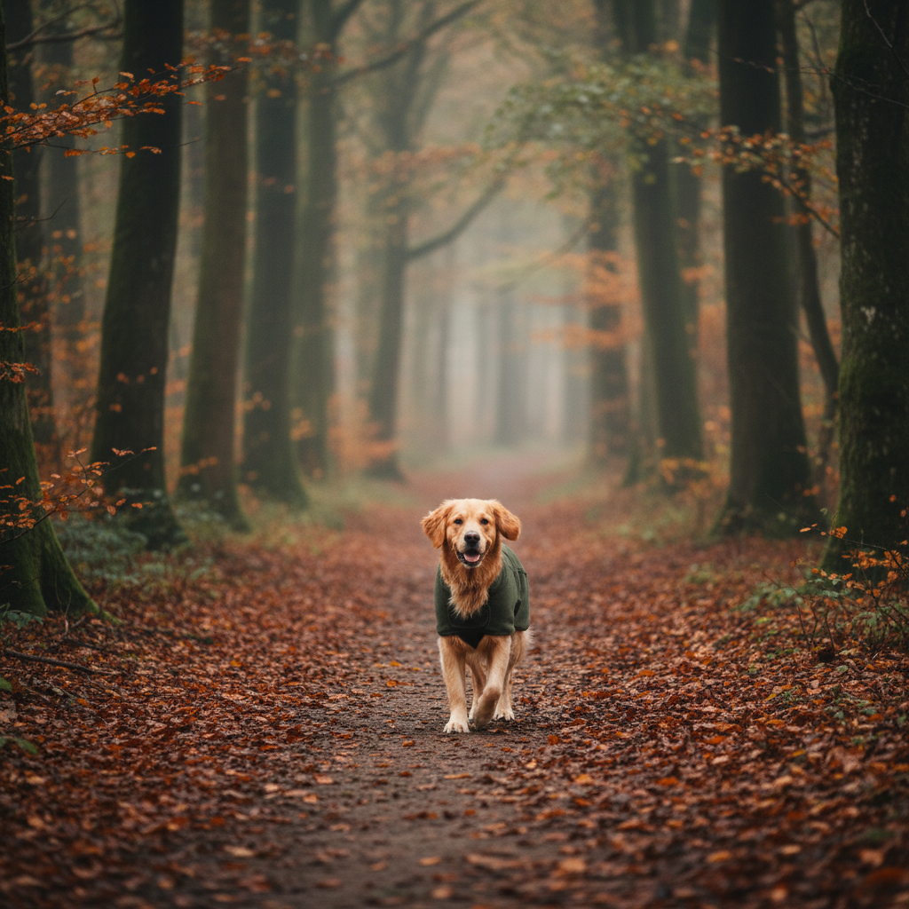 Golden retriever wearing a dark olive Jack Pyke fleece dog coat on a misty British countryside woodland walk