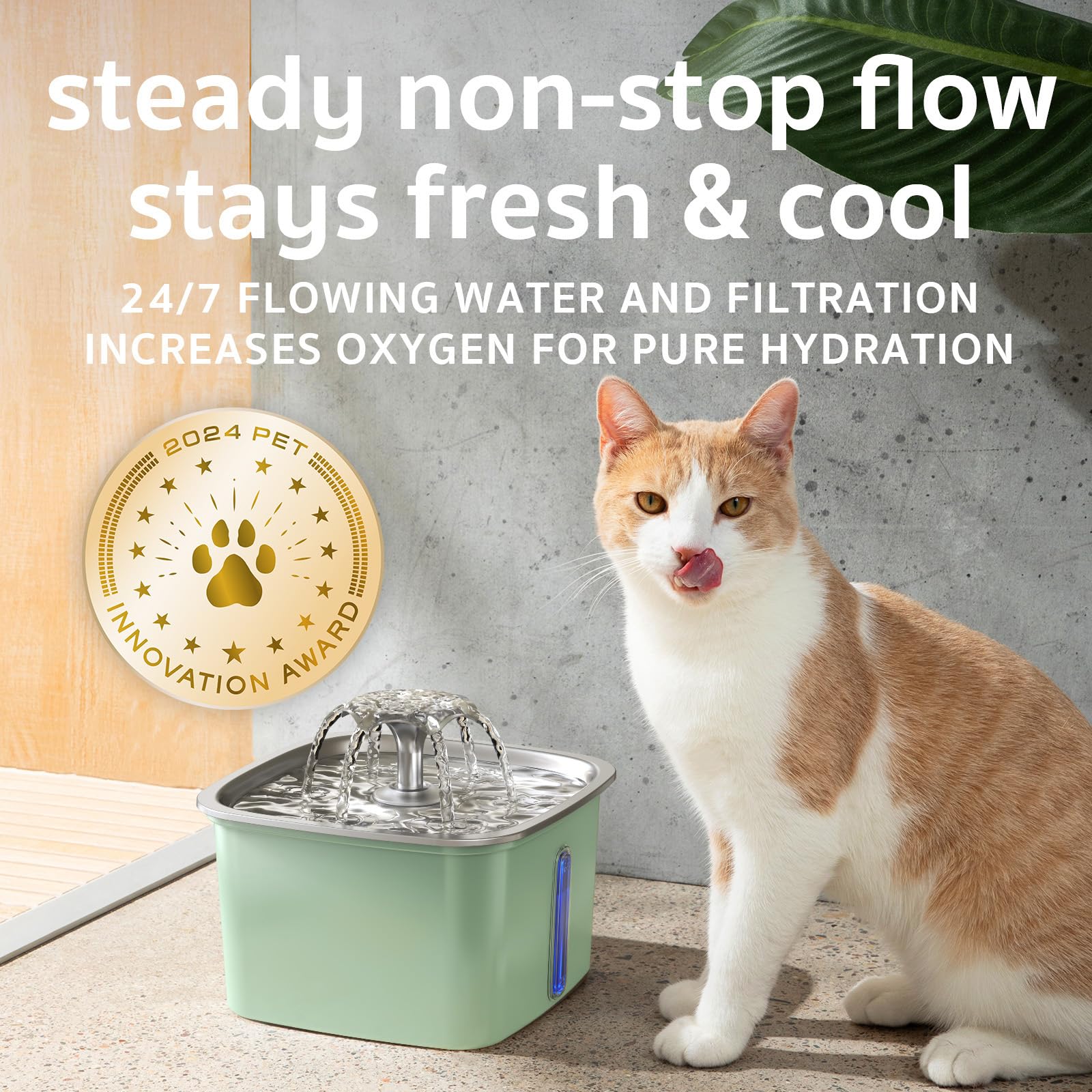 Veken Stainless Steel Cat Water Fountain 95oz/2.8L — Award-Winning, BPA-Free, 5-Stage Filtration