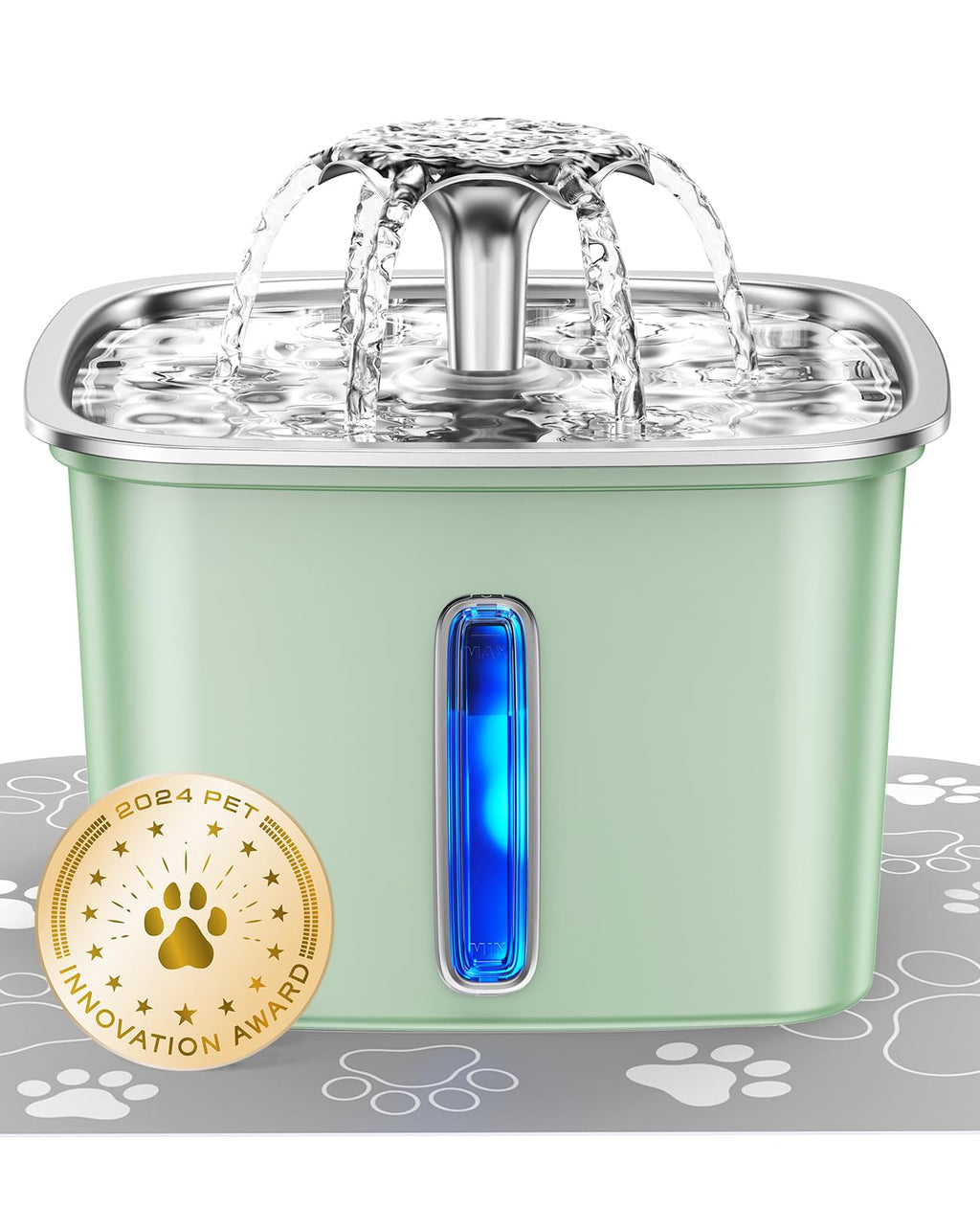 Pet water fountain with a gold innovation award badge on a white background